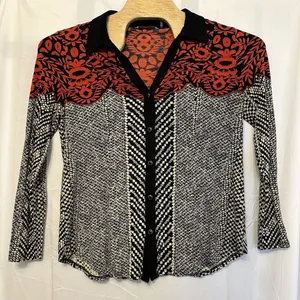 Soft Surroundings Shirt Womens Size Large Pearl Snap Black White Orange V‎ Neck thumbnail 1