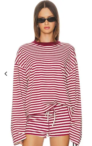 LIONESS Bloom Long Sleeve Top in Wine Stripe Red White XXS (Oversized) $69 thumbnail 1