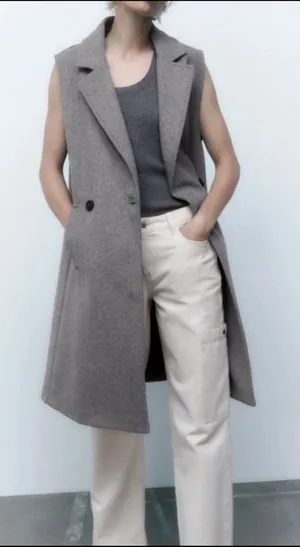 Zara Cream Trousers with Gray Sleeveless Coat thumbnail 1