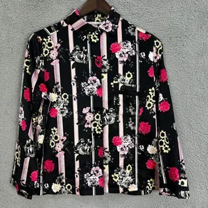 Victorias secret pajama top womens XS short‎ black floral roses satin button up thumbnail 1