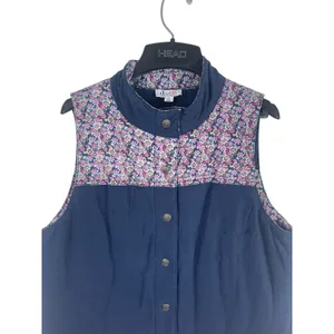 Denim & Company M Quilted Blue Floral Print Puffy Vest Pocketed Snap Button thumbnail 2