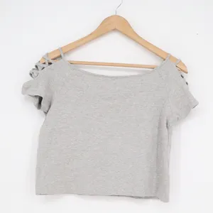 Rio Gray Caged Shoulder Crop Top XS Boat Neck Lattice Sleeve Short Sleeve Tee thumbnail 3