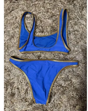 Aerie Blue and Gold Scoop Neck Bikini Set 2 Piece Swimsuit thumbnail 2