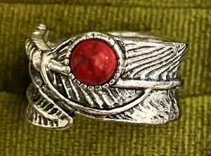 Boho/ Design Red Turquoise Silver Feather Wrap Wide Band Size 8 thumbnail 1