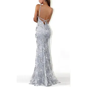 NWT ~ Gray Silver Sequins Mesh Halter V-Neck Backless Lace Up Gown Dress ~ SMALL thumbnail 2