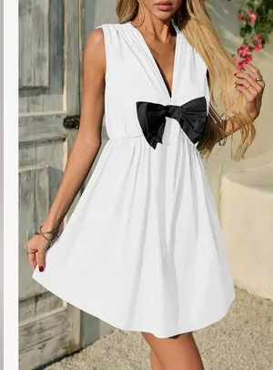 NEW Cotton Sleeveless Mini Dress Casual V Neck Bowknot Loose Babydoll Dress S thumbnail 7