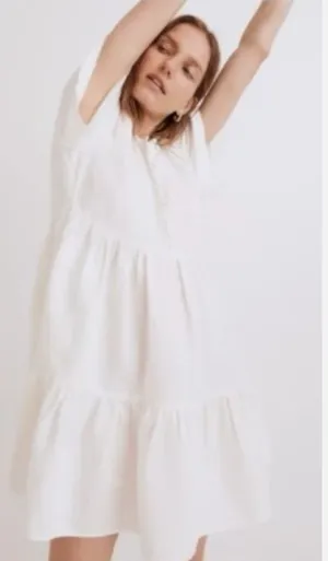 Madewell Women's Medium White Linen Blend Mini Dress Flutter Sleeve Tiered thumbnail 1