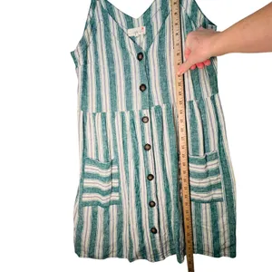 April Kiss Striped Linen Blend Dress Women's M Green Button Cottagecore Beachy‎ thumbnail 8
