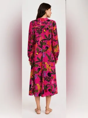 Farm Rio Jungle Print Maxi Dress Womens Pink Leopard Monkey Long Sleeve Sz S thumbnail 2