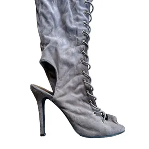 Lace Up Stiletto Heel Heels over the knee -Gray Faux Suede, Size 7 - 4.5”heels thumbnail 3