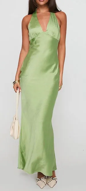 Satin Halter Maxi Dress Green Size M thumbnail 1