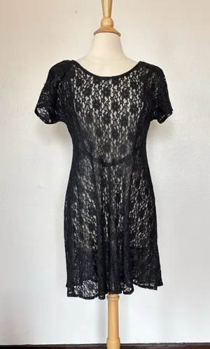 All That Jazz Vintage Witchy Goth Black Lace Short Sleeve Sheer Skater Dress thumbnail 1