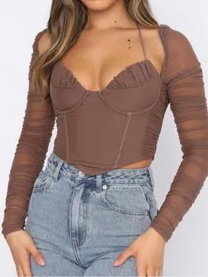 White Fox Boutique Brown Ruched Mesh Corset Crop Top thumbnail 1