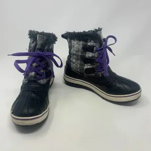Sorel Tivoli II Leather Plaid Lace-Up Snow Boots‎ Black Gray Purple Size US 5 thumbnail 3