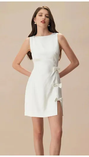 RIHOAS The White Boat Neck Bowknot Satin Mini Dress S thumbnail 1