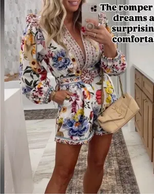 Farm Rio Greek Garden Long Sleeve Plunge Neck Cotton Romper XS thumbnail 6
