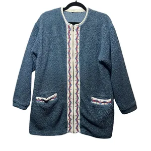 Vintage Norm Thompson Fleece Fill Zip Cardigan‎ Aztec Trim Pockets Cozy Blue M thumbnail 1