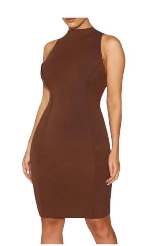 Naked Wardrobe Snatched and Sexy Bodycon Mockneck Dress Chocolate Brown Small thumbnail 1