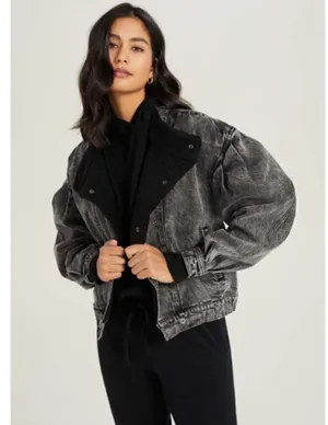 Something Navy teddy denim puff sleeve bomber jacket thumbnail 1