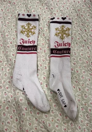 Juicy Couture White Crew Socks with Gold Snowflake and Red Logo thumbnail 1