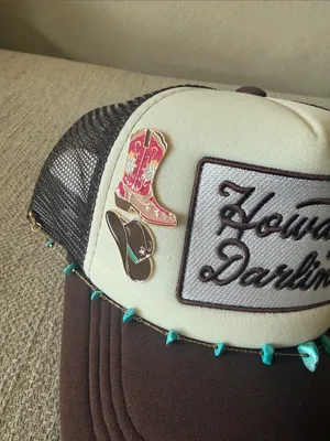Howdy Darlin' Embellished Trucker Hat - Cream & Brown with Turquoise Accents thumbnail 3