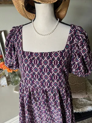 Anthropologie Boho cottage purple corduroy cotton puff sleeve square neck babydoll dress L thumbnail 2