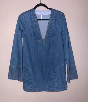 Free People Medium Blue Denim Deep V Tunic thumbnail 1