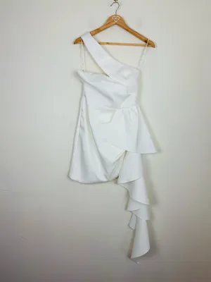 Elliatt Convergence One Shoulder Ruffle Mini Dress Ivory Bridal Cocktail. Small thumbnail 2