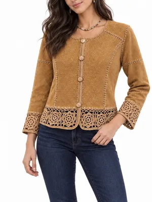 SMH Boutique Tan Perforated Leather Crochet Flower Jacket Boho Western NWT Small thumbnail 1