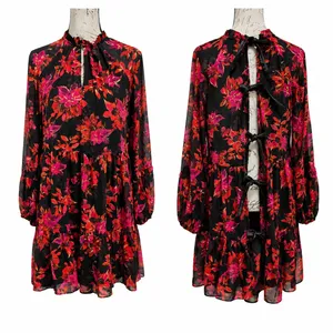Vince Camuto Red Floral Open Back Tie Mini Dress Black Gold Metallic‎ Small thumbnail 2