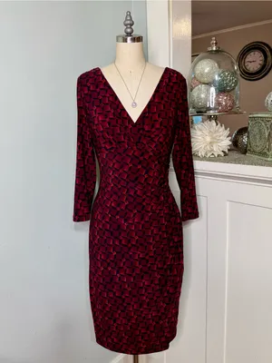 Lauren Ralph Lauren Faux Wrap Sheath Dress Burgundy Black Geometric Ruched Sz 6 thumbnail 2