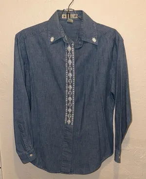 Vintage Embroidered Denim Shirt Long Sleeve Boho Western Country thumbnail 1