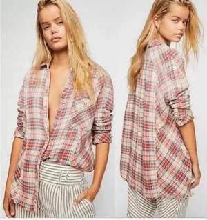 Free People Juniper Red plaid raw hem snap button front flannel shirt Small thumbnail 1