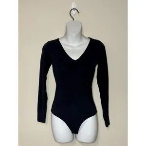 Everlane Bodysuit Top Womens Size XS Black Long Sleeve V Neck Supima Cotton EUC! thumbnail 2