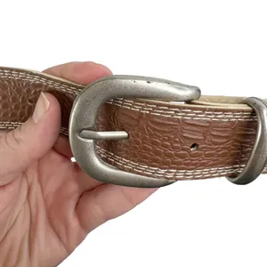 Brown Croc Embossed Faux Leather Silver Buckle Belt thumbnail 2