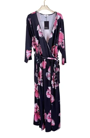 Pinup Fashion Black Pink Floral Faux Wrap Maxi Dress 24W NWT thumbnail 1