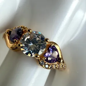 Gold Tone Cubic Zirconia Ring Heart Purple Stones thumbnail 2