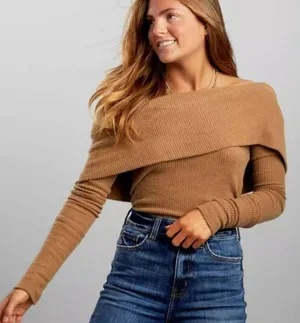 Free People Fold Over Off The Shoulder Ribbed Brown Sweater Tops Size XS thumbnail 1