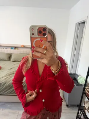 BCBGMaxAzria Vibrant Red Ruffle-Trim Cardigan thumbnail 6