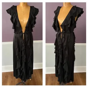 Vintage Victoria’s Secret Black Ruffled Robe Gown Lingerie Kimono Cover Up XS thumbnail 2
