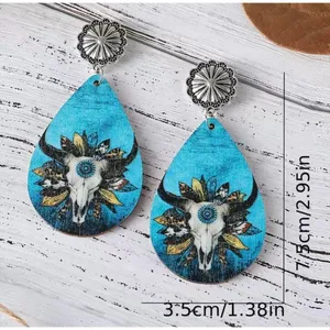 Handmade Wooden double sided western‎ style retro bullhead waterdrop dangle earrings thumbnail 3