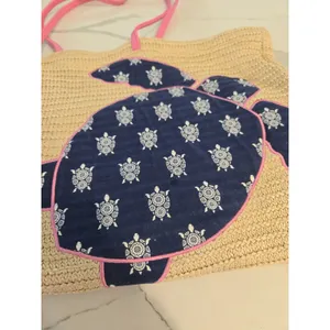 Vera Bradley Straw Tote Bag Sea Turtle Beach Shoulder Bag Pink Navy Large thumbnail 2