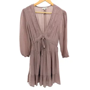 Baltic Born Amelia Boho Mini Dress S Mauve Taupe Lace Trim Tie Front Flowy thumbnail 2