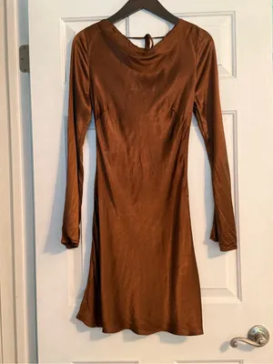 Anthropologie Bronze Satin Long Sleeve Mini Dress thumbnail 2