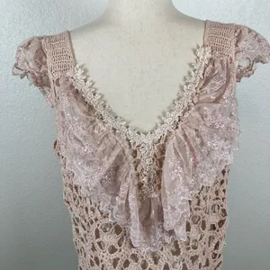 Baby pink BoHo fairycore‎ coquette crochet floral lace tank sweater women’s L￼ thumbnail 3