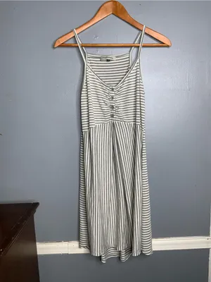 Angel Maternity Striped Spaghetti‑Strap Midi Dress in Gray and White Small thumbnail 2