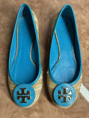 Tory Burch Reva Raffia Ballet Flats Blue Leather Trim Gold Logo Size 7M thumbnail 1
