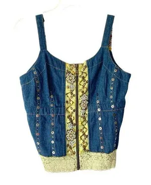 Aseesa Bohemian Festival Denim Jean Top Embellished Beaded Lace size large thumbnail 1