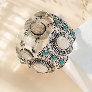 Bohemian Retro Style Silver Color Elastic‎ Women's Turquoise Bracelet thumbnail 7