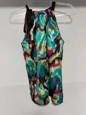 A. Byer Abstract Multicolored Print Satin Halter Top Tie Shoulder NWOT Size L thumbnail 3